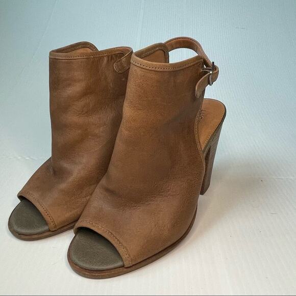 Lucky Brand Lisza peep toe block stacked heel bootie sandal shoes sz 7 tan - Picture 3 of 12